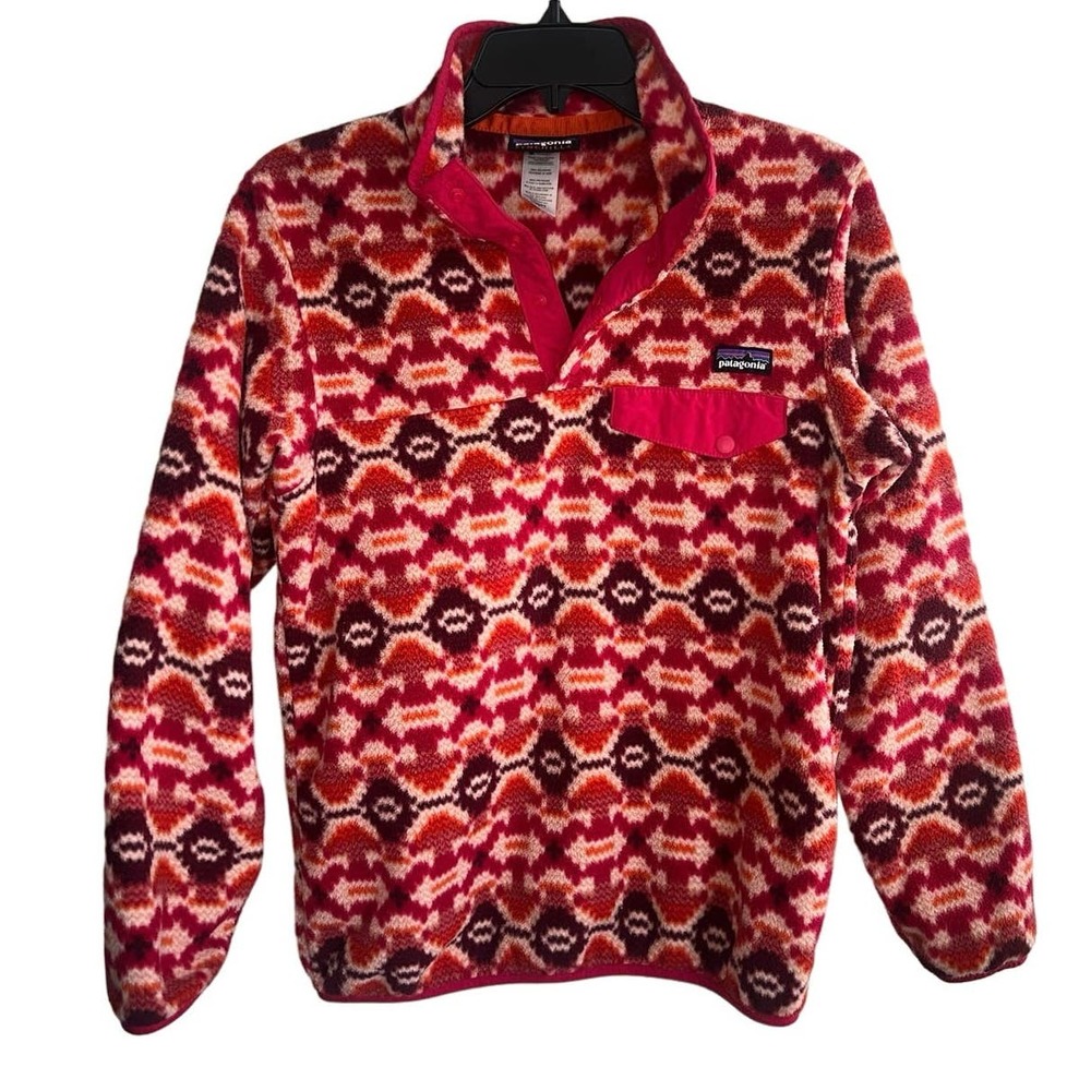 Patagonia Red Pink Cream Geometric Synchilla Snap Pullover